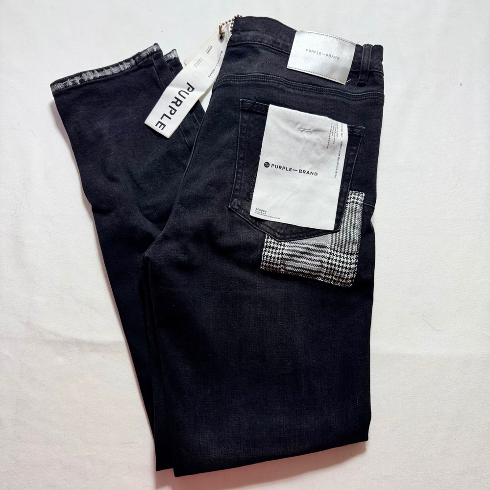 Purple Brand P001 Slim Fit Jeans 34 Black Distressed Houndstooth Ripped Low Rise